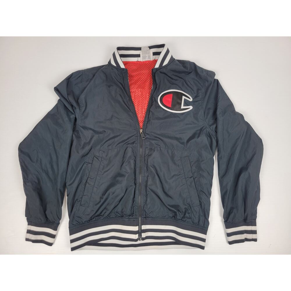 Vintage Champion Satin Windbreaker Varsity Navy Blue Jacket Spellout Mens Medium